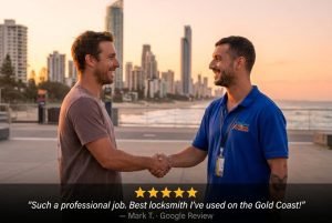 Gold Coast Fast Locksmith shaking hands with a happy customer at Surfers Paradise โ 5 star Google review
