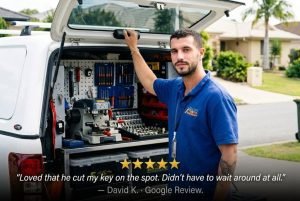 Gold Coast Fast Locksmith cutting a key on the spot at the mobile van — 5 star Google review