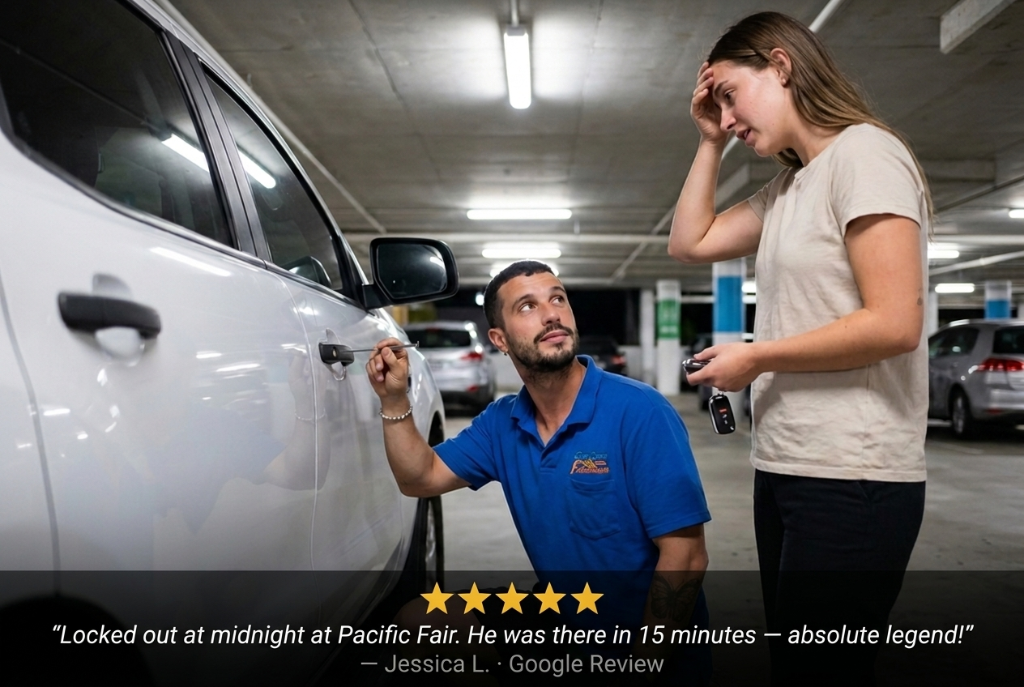 Car lockout locksmith Gold Coast at Pacific Fair car park — 5-star Google review, Jessica L.