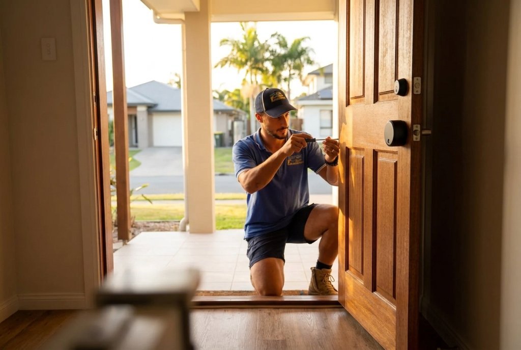 Gold Coast locksmith fitting a deadbolt lock on a residential front door