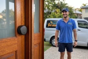 Smart deadbolt installation by a Gold Coast Fast Locksmith technician in uniform beside branded van